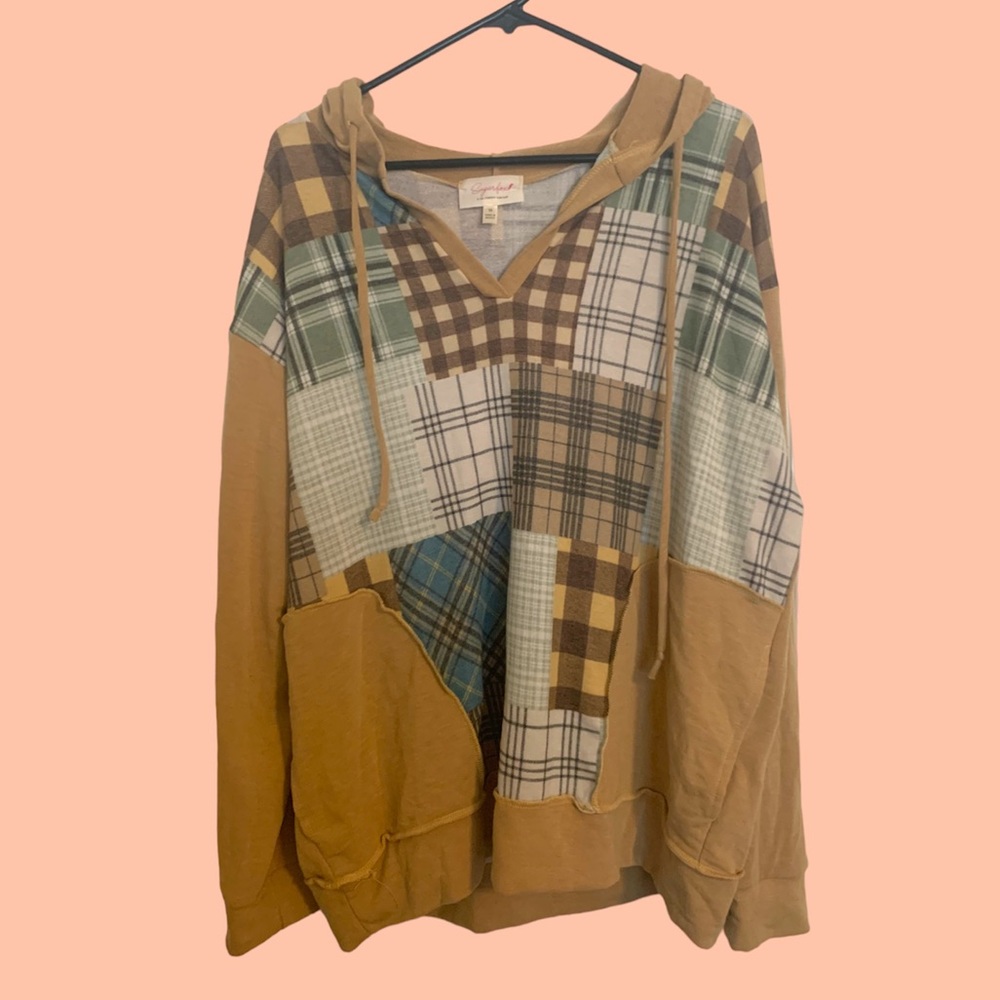 Sugarfox boutique harvest outseam pocketed plaid patch hoodie